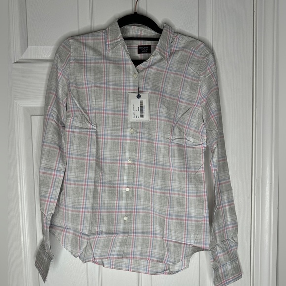UNTUCKIT NWT Chasseles Gray Pink Blue Plaid Button Down Top 100% Cotton Size 2 - Picture 3 of 7